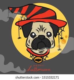 Pug wear witch hat and spiders , Happy Halloween with full moon cartoon vector illustration