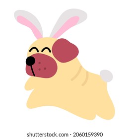 Pug wearing costume of bunny for Easter party. Vector illustration on white background