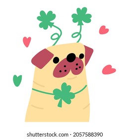 Pug wearing costume for St. Patrick's day. Graphic illustration.