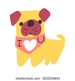 Pug wearing dog bandana. I love you. Illustration on white background.