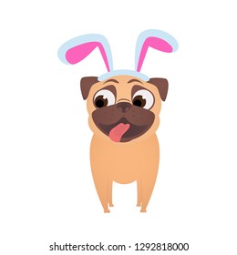 Pug wearing Easter bunny ears. Funny cartoon illustration with dog for card, banner, flyer. Happy Easter.