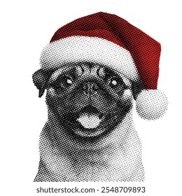 pug wearing a Santa hat, retro stipple effect, halftone Christmas dog design illustration