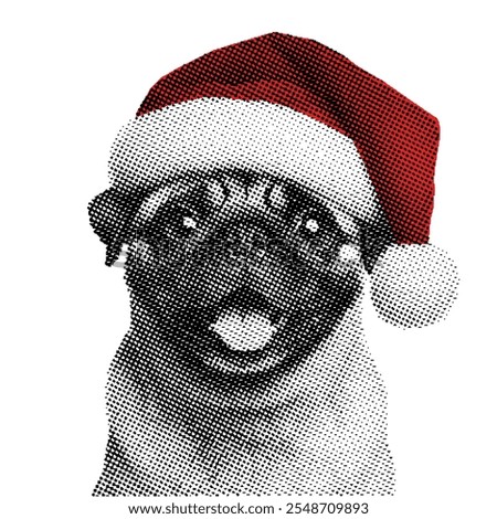 pug wearing a Santa hat, retro stipple effect, halftone Christmas dog design illustration