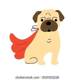 Pug wearing superhero cape. Hand drawn illustration on white background.