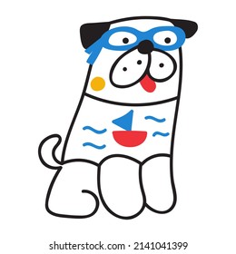 Pug wearing swim glasses and swimsuit. Outline vector illustration on white background.