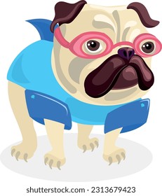 Pug con gafas de natación y traje de baño azul, estilo de dibujos animados, perro lindo, personaje gracioso, mascota, aislado sobre fondo blanco 