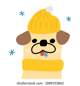 Pug wearing warm yellow hat and scarf. Vector illustration on white background. 