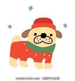 Pug wearing winter outfit for Christmas holidays. Vector hand drawn illustration.