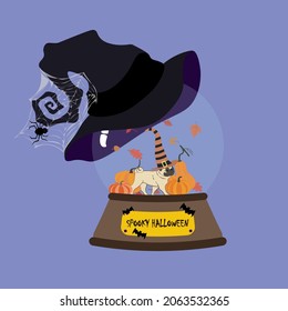 Pug in witch hat in snowglobe with hat on the purple background.