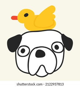 Pug and yellow duck. Hand dawn vector illustration.