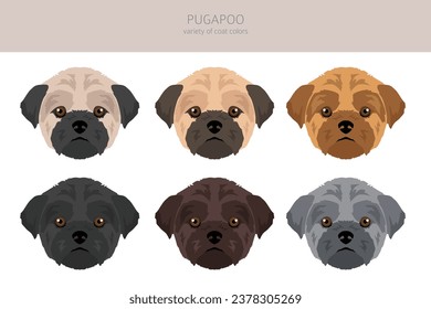 Pugapoo clipart. Pug Poodle mix. Different coat colors set.  Vector illustration