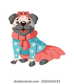 Pug-dog wearing funny dress with bow flat color vector character. Dog girl in funny clothing with skirt and scarf illustration on white