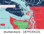 Puget Sound detailed editable map with cities and towns, geographic sites, roads, railways, interstates and U.S. highways. Vector EPS-10 file, trending color scheme