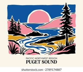 Puget Sound, Pacific Northwest, retro landscape, Washington state, travel art, vintage poster, PNW nature, sunset, pine tree