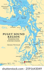 Puget Sound region, U.S. state of Washington, political map. Coastal area of ​​Pacific Northwest, including Puget Sound, its basins and lowlands, between Olympic Peninsula and Cascade Range.