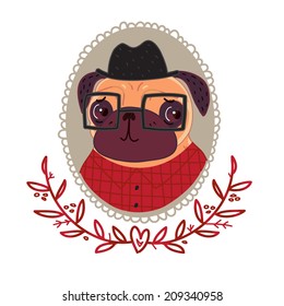 Pug-hipster in a red plaid shirt and glasses
