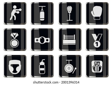 pugilism pictograms in black chrome buttons. icon set for your design. vector icons