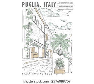 Puglia, Italy city graphic print design. Enjoy beach life. Beach good vibes. Beach old city abstract art. Enjoy beach life. Building hand sketch.