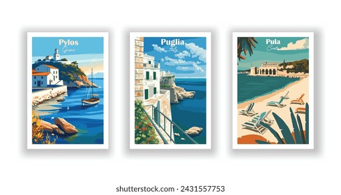 Apulien, Italien. Pula, Kroatien. Pylos, Griechenland - Set mit 3 Vintage-Reiseplakaten. Vektorgrafik. Qualitativ hochwertige Ausdrucke