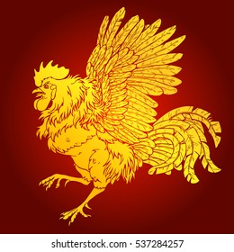 Pugnacius gold rooster on red background. Fiery red rooster symbol of the Chinese new year 2017. Vector illustration.