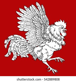 Pugnacius rooster coloring on red background. Decorative chicken monochrome. Coloring page book. A symbol of the Chinese new year 2017 according to east calendar.