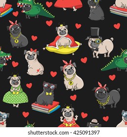 Pugs characters(princess, nerd, king, dragon, sexy, gangster, bad dog, etc). Seamless vector pattern with funny dogs.