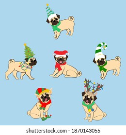 Pugs in christmas costume vector illustration on the blue background