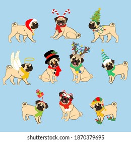 Pugs in christmas costume vector illustration on the blue background