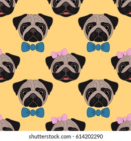 Pugs. Girl and boy. Seamless vector pattern on yellow background