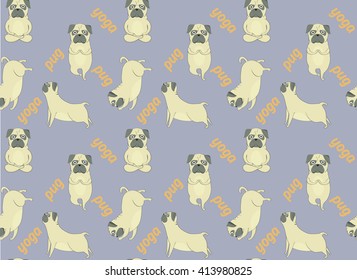 Pugs meditation yoga pattern. Cute dogs. Vector seamless pattern