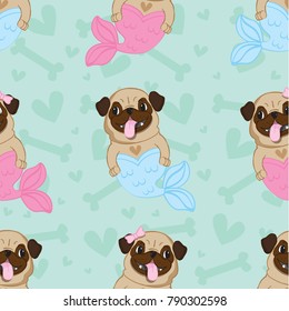 Pugs mermaid seamless pattern