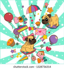 Pugs on a blue background with candy vector illustration