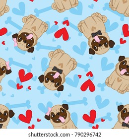 Pugs seamless pattern blue