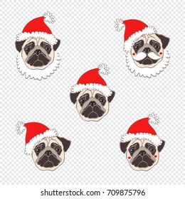 Pugs. Vector set of  dog's face in Santa's hat. Five hand-drawn isolated elements.  Dog - animal symbol of new year 2018.