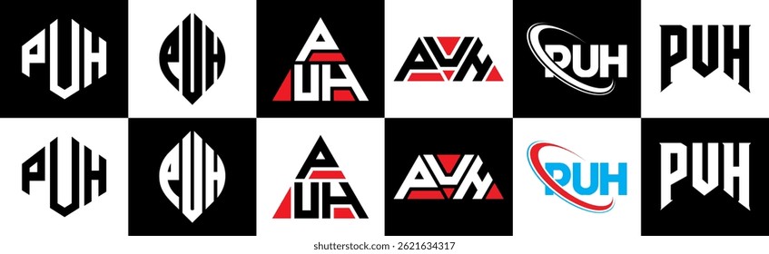 PUH Buchstaben Logo Design in sechs Stil. PUH Polygon, Kreis, Dreieck, Sechseck, flach und einfach Stil mit schwarz-weißen Farbvariante Buchstaben Logo in einem Zeichenbrett gesetzt. PUH minimalistisches und klassisches Logo
