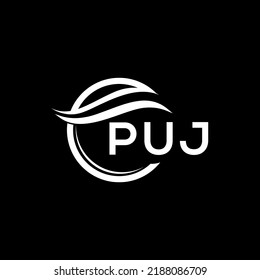 Diseño del logo de la carta PUJ sobre fondo negro. Logo del círculo creativo PUJ. Concepto del logo de la carta inicial de PUJ. Diseño de letras PUJ.