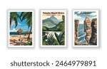 Pukaha Mount Bruce, National Wildlife Centre, Punakaiki Pancake Rocks, Punta Cana, Caribbean - Set of 3 Vintage Travel Posters. Vector illustration. High Quality Prints