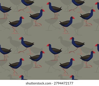 Pukeko Swamphen Bird Walking Seamless Pattern Background