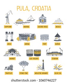 Pula famous places, objects and foods clipart. Set of vector icons. Labels with hand-lettering.