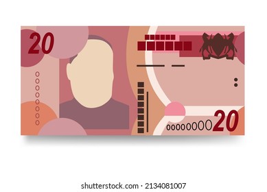 Pula Vector Illustration. Botswana money set bundle banknotes. Paper money 20 BWP. Flat style. Isolated on white background. Simple minimal design.