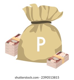 Pula Vector Illustration. Botswana money set bundle banknotes. Money bag 50 BWP. Flat style. Isolated on white background. Simple minimal design.