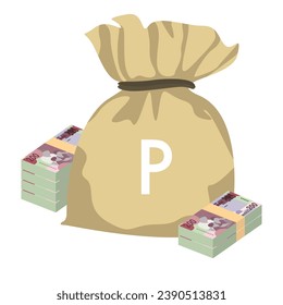 Pula Vector Illustration. Botswana money set bundle banknotes. Money bag 200 BWP. Flat style. Isolated on white background. Simple minimal design.