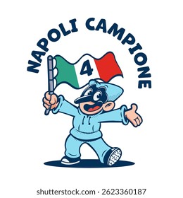 pulcinella cartoon mascot retro napoli with italian flag cheerful fan