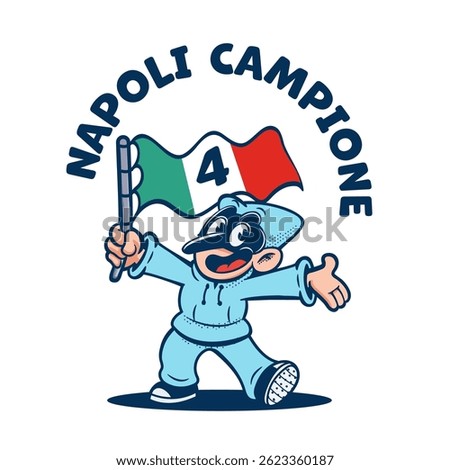 pulcinella cartoon mascot retro napoli with italian flag cheerful fan