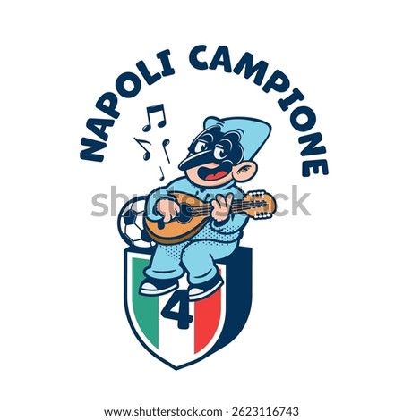 pulcinella cartoon mask plays mandolin on italian flag naples style