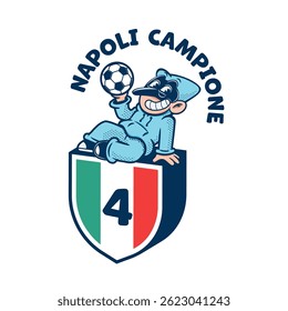 pulcinella cartoon retro com bola de futebol sentado em escudo itália napoli campeão
