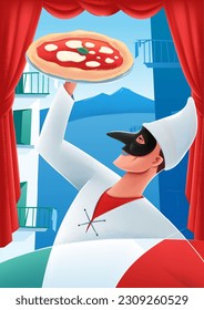 Pulcinella mit Pizza in Neapel Stadt und Theater Zelt See Vesuv und Paläste