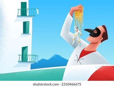 Pulcinella mit Spaghetti und Marionette im Golf von Neapel