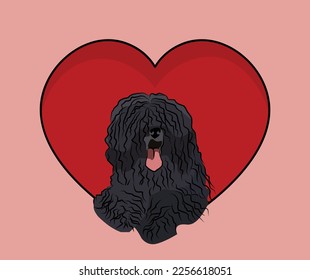 Puli dog hanging with paws in a big Valentine's day heart. Love heart with pet head and heart and footprint. Dog face Holding Pink Heart Cartoon Icon. St Valentine's day for dog funs.