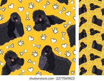 Puli dog on a playful yellow background with bones and paws. Funky, colorful vibe, vibrant palette. Simple, clean, modern texture. Summer seamless pattern with dogs. Birthday present. Cute paper.